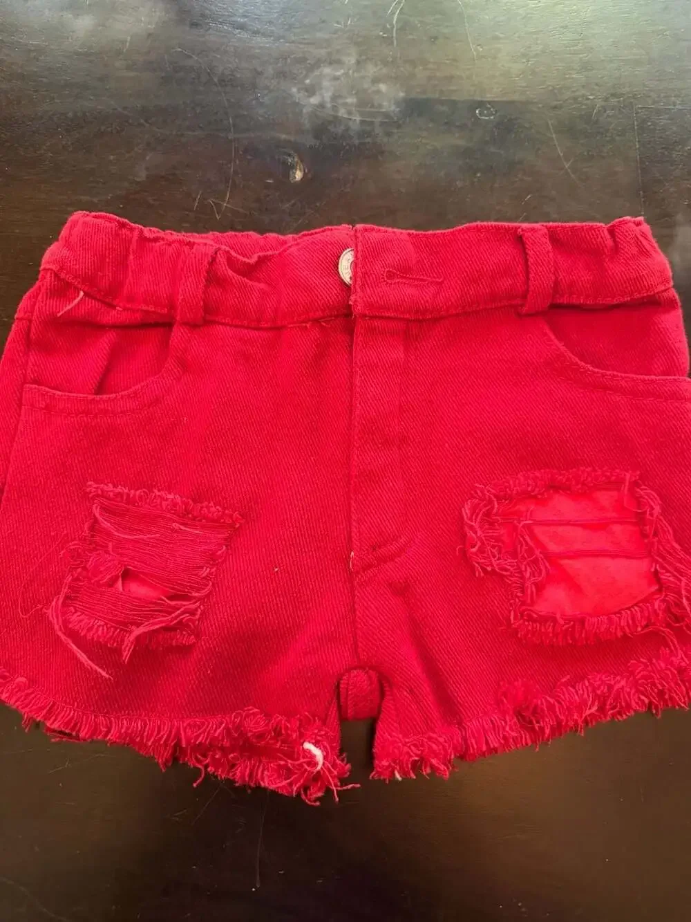 Girls Watermelon Black White Gingham Ruffle Sleeve Top and Red Denim Shorts
